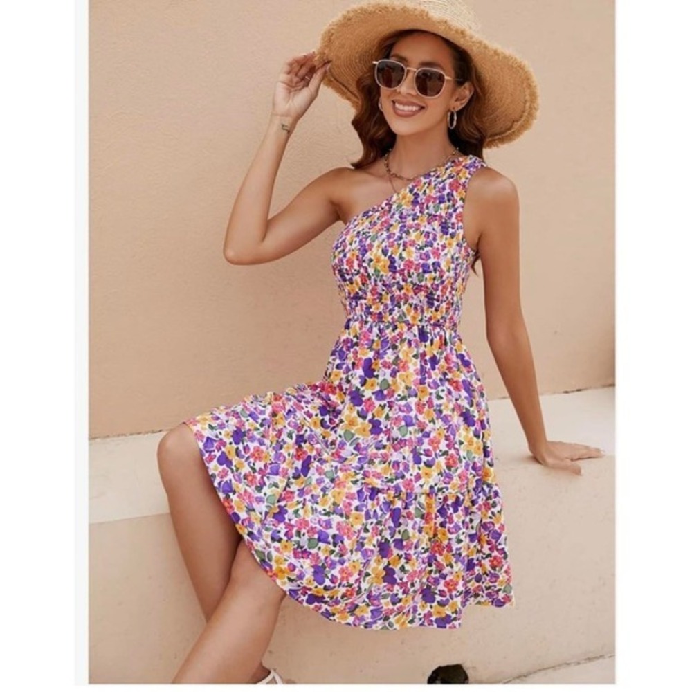 Floral Smocked Dress One Shoulder Dress‎ Sz small